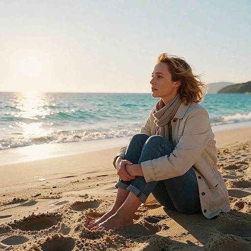 Photograph of a blonde woman in a beige coat and blue jeans sitting barefoot on a sandy beach, gazing at the sunlit ocean.