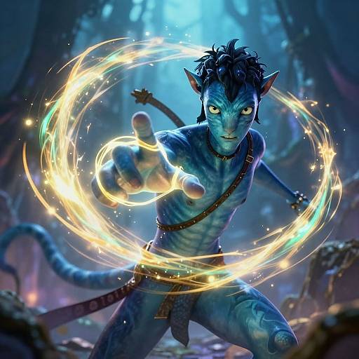 Digital artwork of a blue, muscular, feline humanoid with glowing eyes, casting a magical, circular, golden light in a mystical forest.