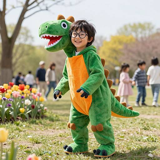 Photograph of a smiling Asian boy in a green dinosaur costume with orange belly, black glasses, standing outdoors in a park with colorful flowers and blurred background