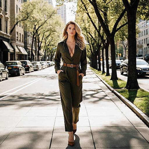 Blonde Woman in Khaki Utility Jumpsuit Walking on City Street