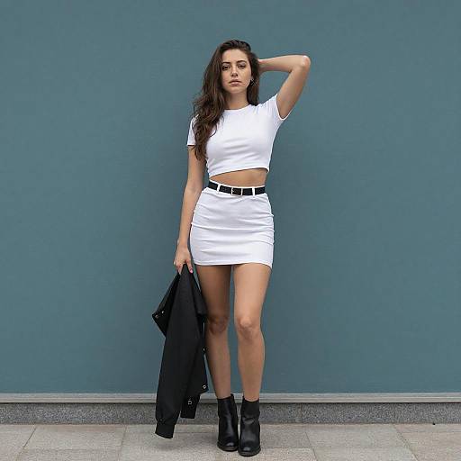 Photograph of a young woman with long dark hair, wearing a white crop top and mini skirt, black belt, and boots, holding a black jacket
