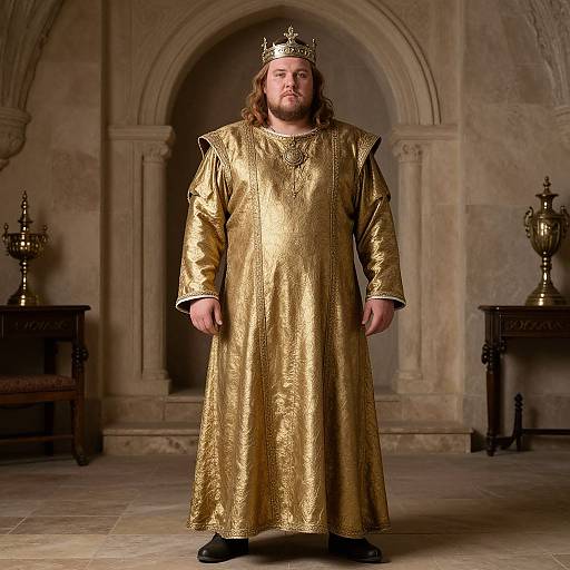 Photograph of a bearded man with long hair, wearing a gold medieval king's robe and crown, standing in a stone-walled, archway