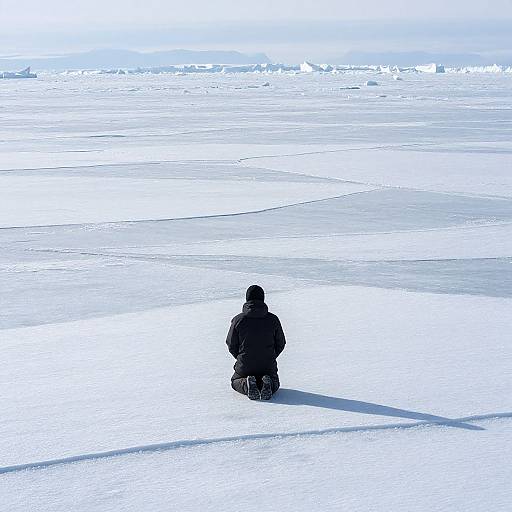 Photograph of a person in dark winter clothing, sitting alone on a vast, icy, snow-covered landscape with distant icebergs under a blue sky