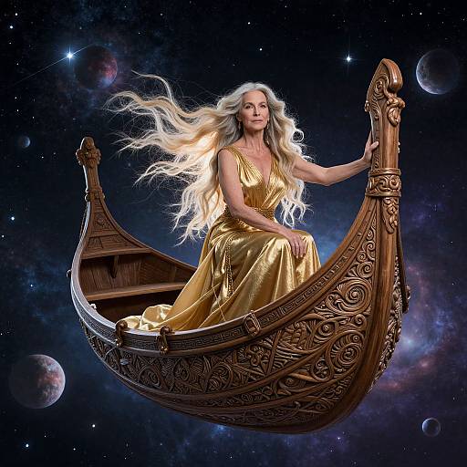 Ethereal woman with long white hair in shimmering gold dress, sitting in ornate wooden boat, floating in starry, galaxy-filled space.