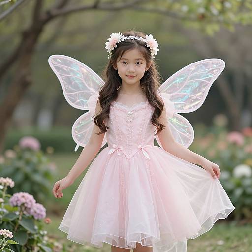 Photograph of a young Asian girl with long brown hair, wearing a pink fairy dress, translucent wings, and a flower crown, standing in a lush