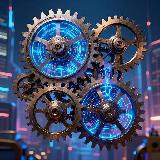 Photorealistic CGI of glowing blue mechanical gears floating in a futuristic cityscape with neon lights, creating a cyberpunk aesthetic.
