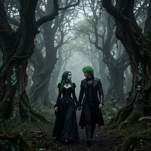 Digital artwork of a green-haired woman and green-haired man in black Gothic attire, walking hand-in-hand through a misty, dark forest with twisted trees