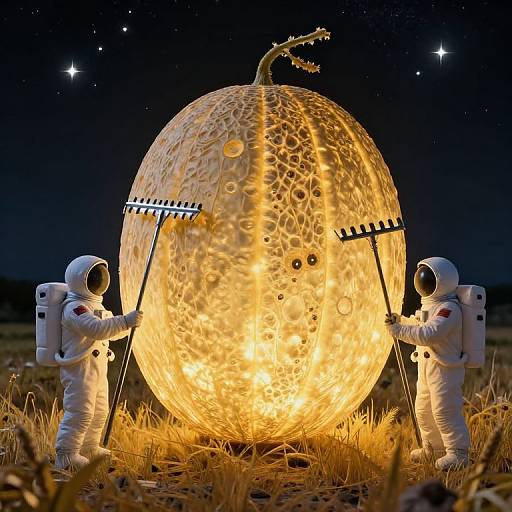Astronauts Harvesting Luminous Moon Melons