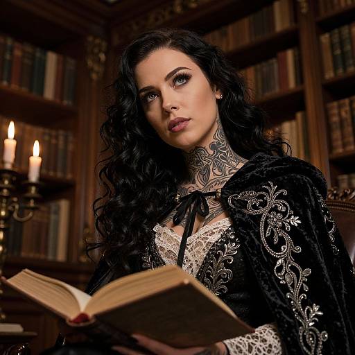 Photograph of a tattooed, dark-haired woman in an ornate black lace robe, reading a book in a dimly lit, wooden library with