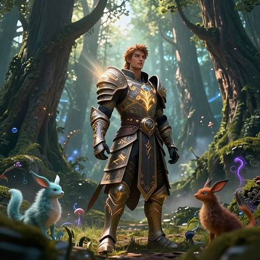 Digital fantasy artwork of a muscular, armored human warrior standing in a mystical forest, surrounded by glowing, magical creatures and enchanted trees.