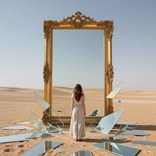 Woman in white dress stands before large ornate gold-framed mirror in desert, surrounded by shattered glass pieces. Bright blue sky. Photorealistic digital