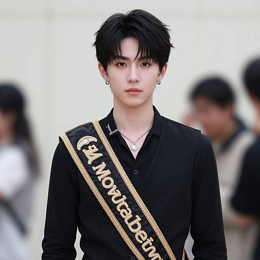 Photograph of an androgynous Asian model with short black hair, black shirt, 