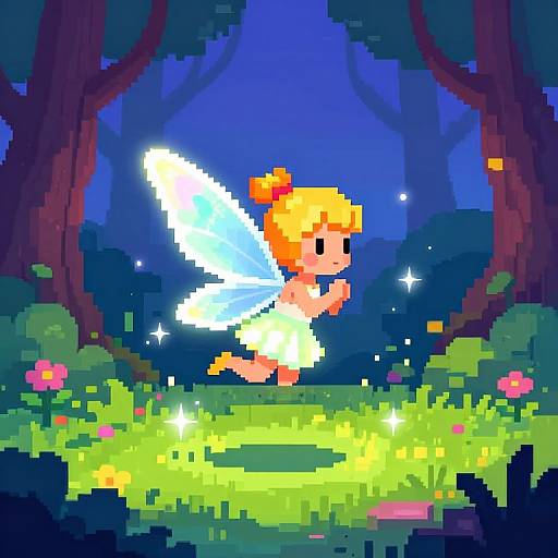Pixel art of a blonde fairy with white wings, wearing a white dress, in a magical forest with glowing flowers and star-like sparkles.