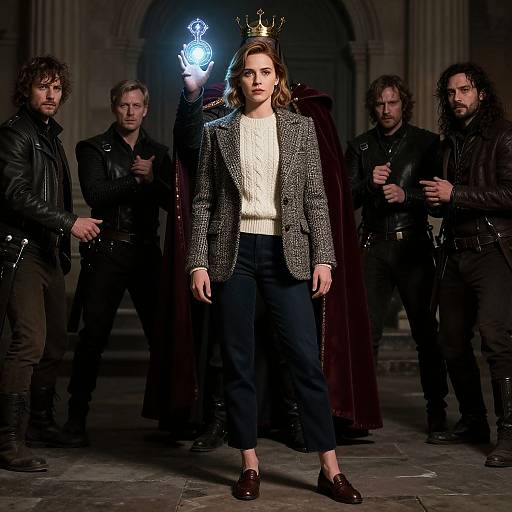 Photograph of a young woman with crown, holding glowing orb, in checkered blazer, white sweater, and dark pants, flanked by four