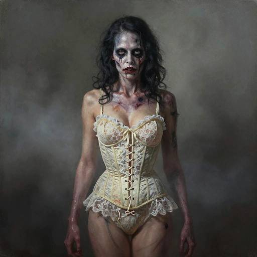 Photograph of a pale, ghostly woman with dark, messy hair, wearing a yellow lace corset and matching lingerie, standing against a smoky