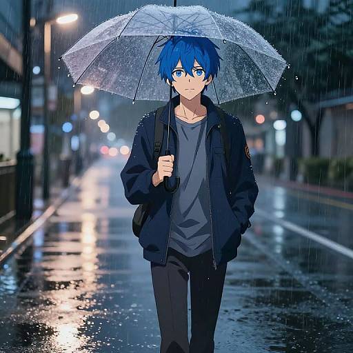 Anime-style drawing of a blue-haired boy with blue eyes, holding a transparent umbrella in a rainy, illuminated city street.