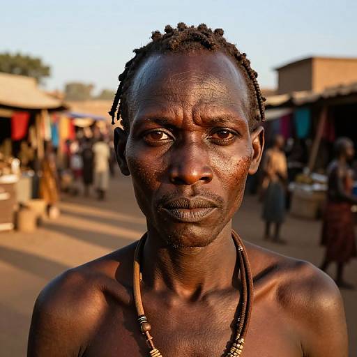 Photograph of a serious, shirtless, dark-skinned African man with short, braided hair, wearing a beaded necklace, in a sun