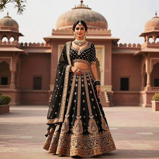Photograph of a South Asian woman in a black and gold embroidered traditional lehenga, standing in front of a red sandstone building with domed roofs