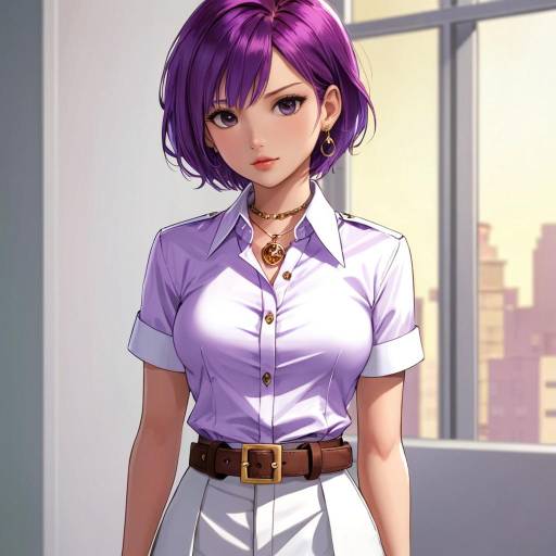Anime Style Woman with Purple Hair in White Shirt