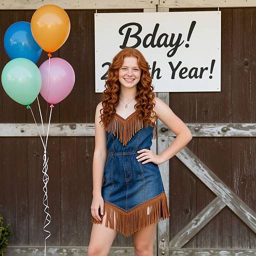Photograph of a smiling red-haired woman in a fringed denim dress, holding colorful balloons, standing in front of a 