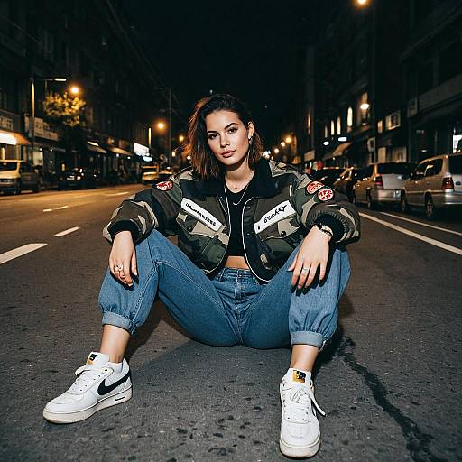 Woman in Vintage Racing Jacket Sitting on Street at Night