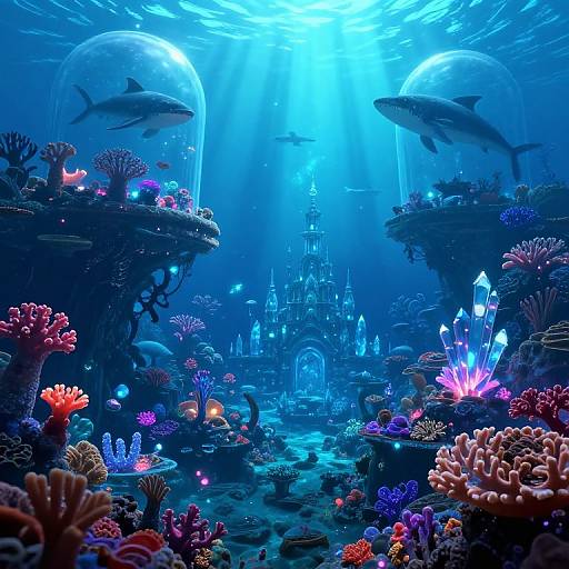 Photograph of a vibrant, underwater aquarium featuring glowing coral, colorful sea anemones, two glass-domed tanks with sharks, and a futuristic castle
