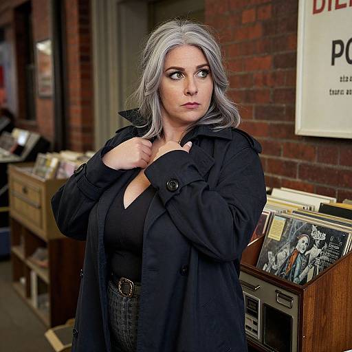 Photograph of a silver-haired woman with light skin, black coat, and black top, standing in a record store with brick walls and vintage posters.