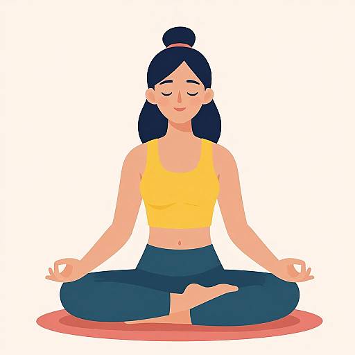 Digital illustration of a calm, smiling Asian woman with black hair in a bun, wearing a yellow sports bra and blue yoga pants, meditating cross-legged