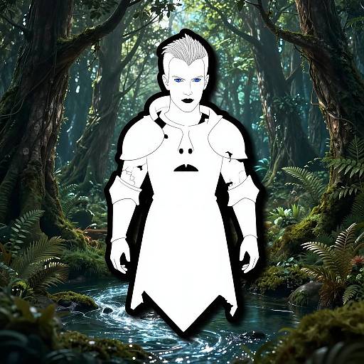 Digital art: White, shadowy, muscular male figure with short, white hair and blue eyes stands in a mystical, lush forest stream.