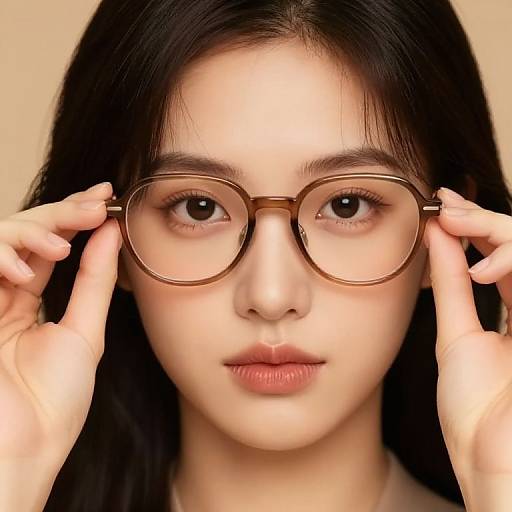 Photograph of an East Asian woman with long black hair, fair skin, and brown eyes, wearing round brown glasses, adjusting them with both hands.