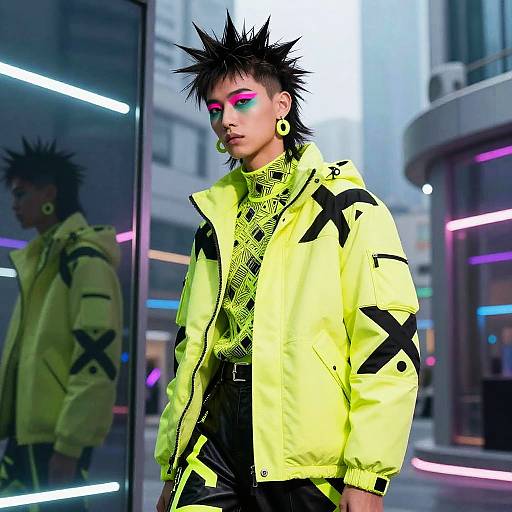 Photographic-style digital art of a spiky-haired, neon-green-eyed, androgynous person in a neon yellow jacket, black mesh shirt,