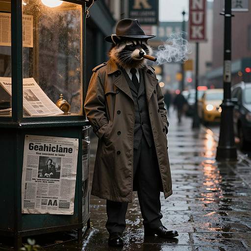 Photograph of a raccoon in a trench coat, fedora, and smoking, standing on a rainy city street next to a newspaper stand.