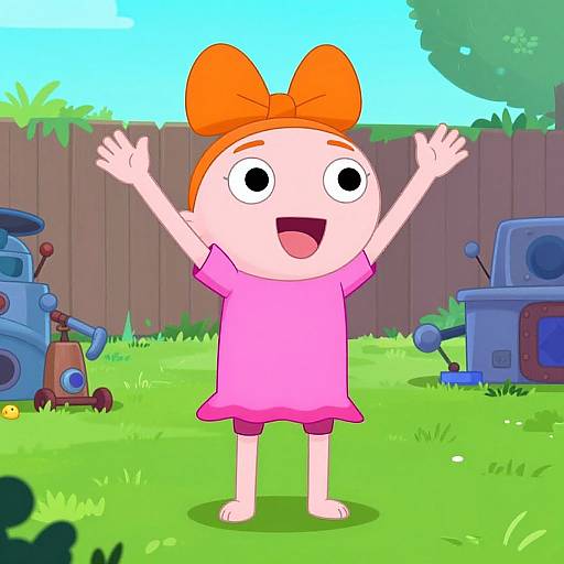 Cartoon-style drawing of a happy, orange-bow wearing girl with large eyes, arms raised, in pink dress, standing on grass by wooden fence