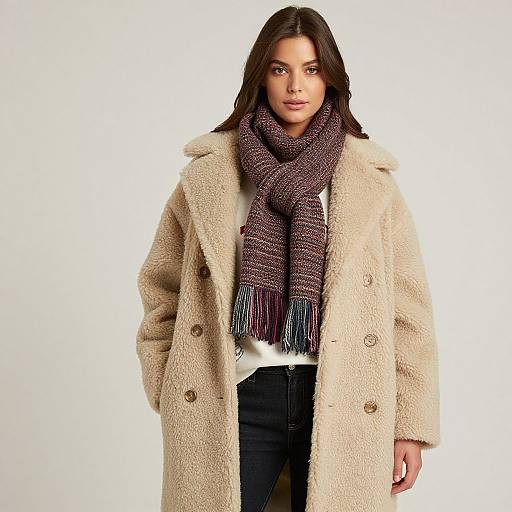 Photograph of a woman with long dark hair, wearing a beige wool coat, dark scarf, white top, and black pants, standing against a plain