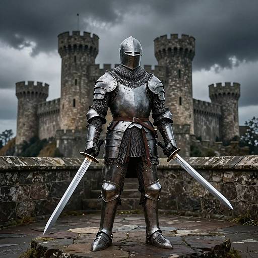Photograph-style digital artwork: Knight in full silver armor with helmet and dual swords, standing in front of a medieval castle under stormy skies.