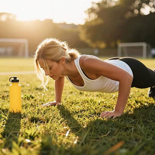 Blonde Woman Doing Push-Up on Grass