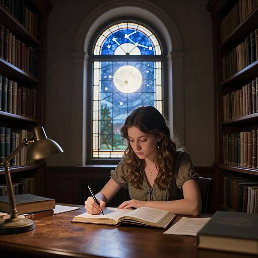 Photograph of a young woman with long brown hair, wearing a green blouse, writing in an open book at a wooden desk in a dimly lit