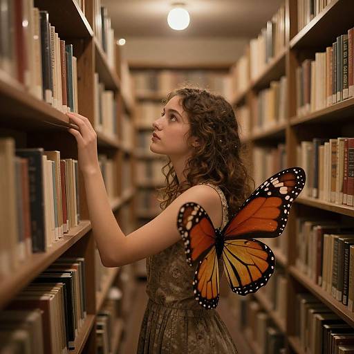 Photograph of a curly-haired young woman in a brown dress with large, vibrant orange and black butterfly wings, browsing library shelves. Warm, soft lighting