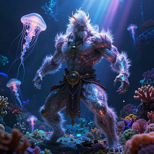 Digital art of a muscular, white-furred, horned werewolf with glowing blue eyes, adorned in tribal jewelry, standing in a vibrant, underwater