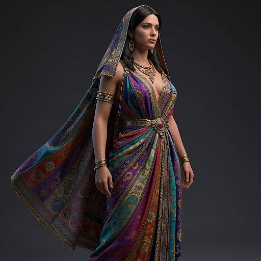 Photograph of a confident woman in a vibrant, multi-colored traditional Indian saree with peacock patterns, adorned with gold jewelry, against a dark gradient