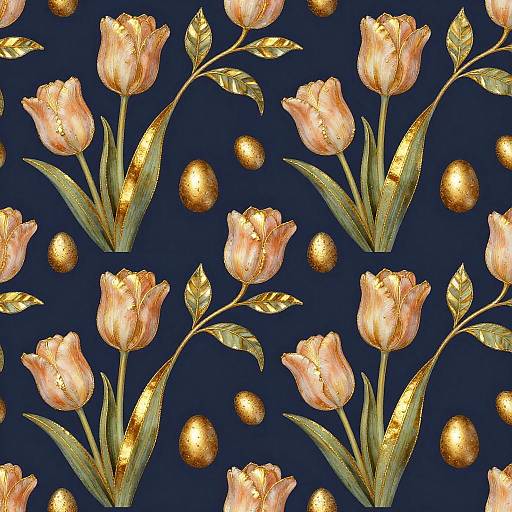 Navy Wallpaper with Apricot Tulips and Gold Easter Eggs