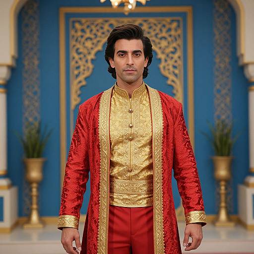 Photograph of a handsome man with dark hair, wearing an ornate red and gold traditional outfit, standing in an opulent blue and gold decorated room