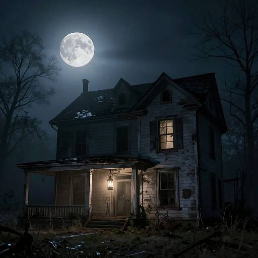 Photograph of a creepy, moonlit, abandoned, wooden house with a glowing lantern, surrounded by dark trees, under a full, bright moon.
