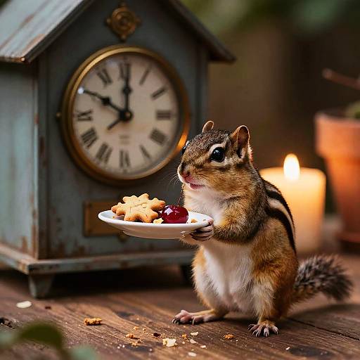 Chipmunk Holding Plate with Cookie and Cherry