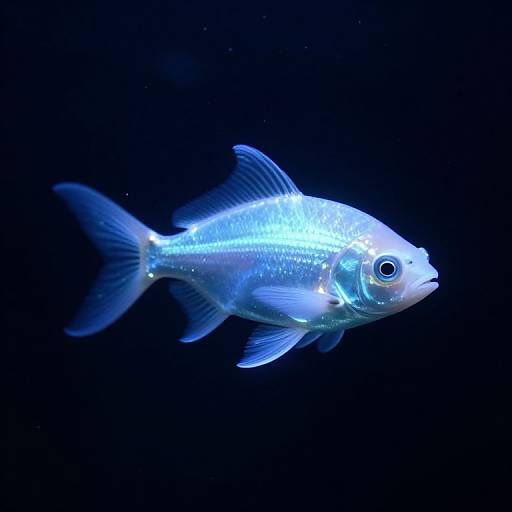 Photograph of a glowing blue fish with translucent fins and scales, illuminated against a dark blue underwater background.