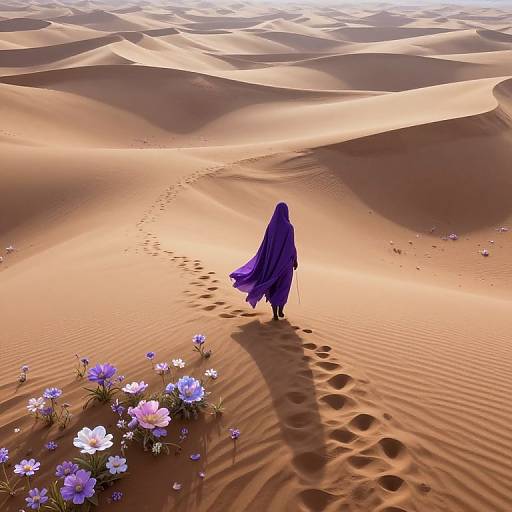 Digital artwork of a figure in a flowing purple cloak walking through a sunlit desert with dune shadows, leaving footprints, and surrounded by purple and