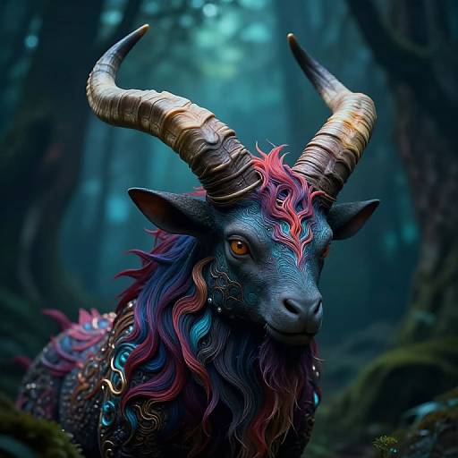 Digital fantasy art of a mystical, horned creature with blue skin, red and purple wavy mane, and glowing orange eyes in a dark, mist