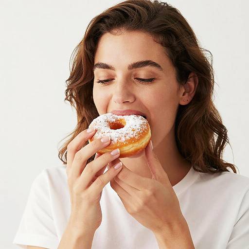 Photograph of a young woman with long brown hair, wearing a white shirt, biting a powdered donut against a plain white background.