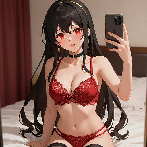 Anime Woman in Red Lingerie Taking Selfie
