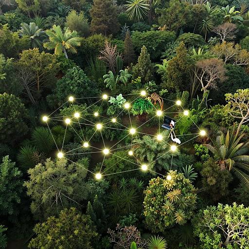 Aerial photograph of a dense jungle canopy with bright yellow lights forming a star-like pattern, illuminating a small person ziplining through the lush,